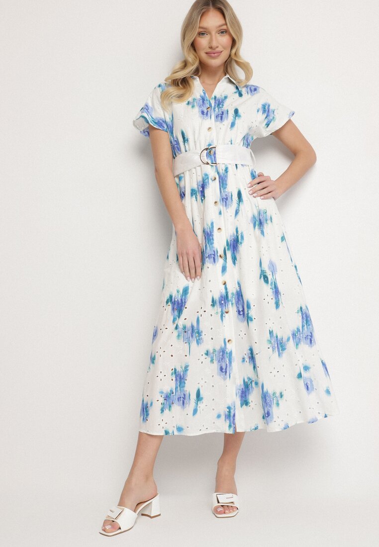 Rochie Alb-Albastru Perforată din Bumbac cu Croială Tip Cămașă cu Centură Melpio