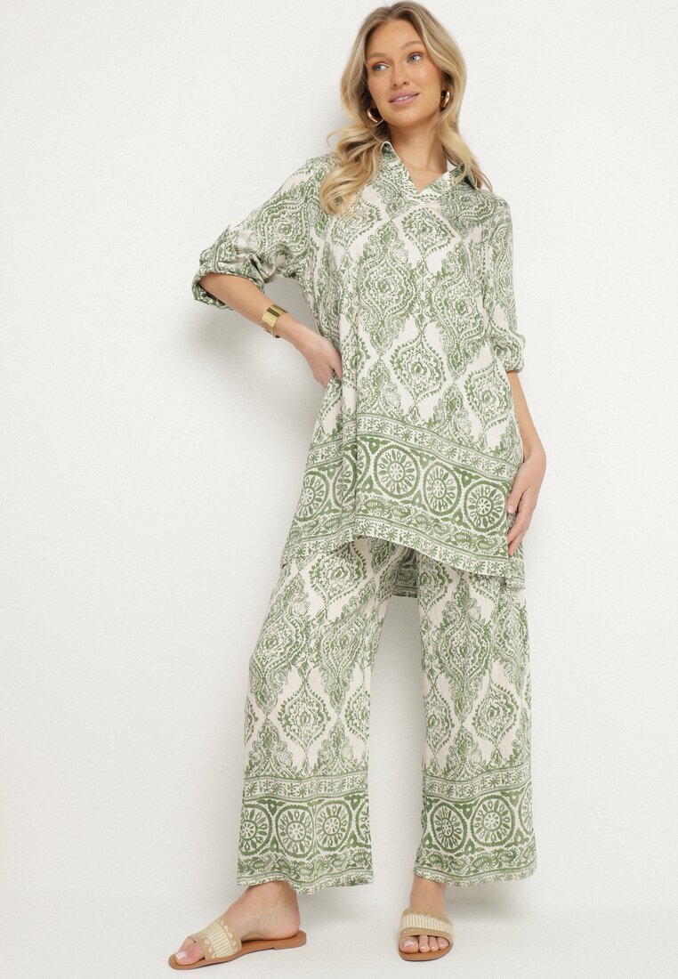 Set Verde Oversize cu Viscoză cu Model Etnic Pantaloni Largi și Cămașă Nilamiella