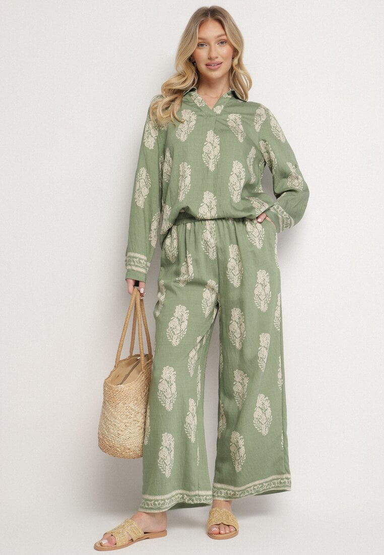 Komplet Verde în Stil Boho Oversize Cămașă Lungă și Pantaloni Largi Meppina