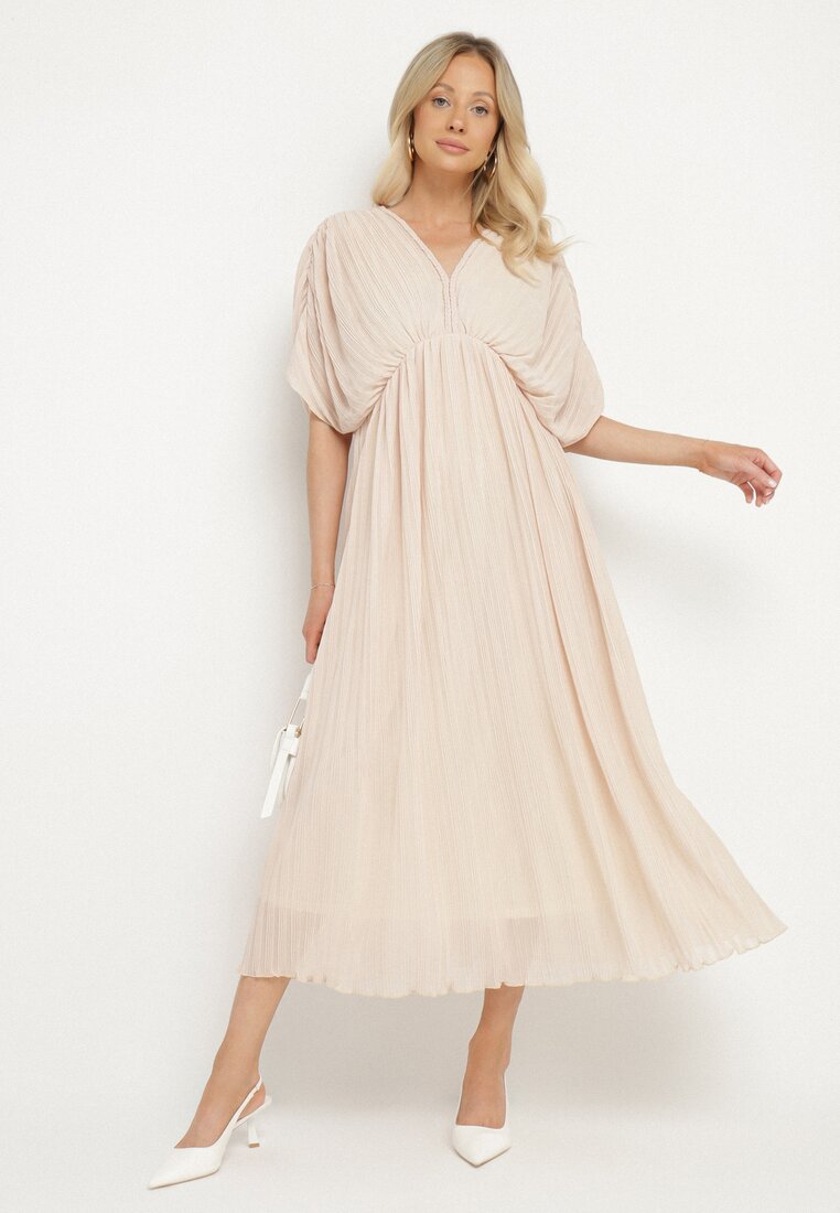Rochie bej evazată cu legătură la gât, croială lejeră Napila