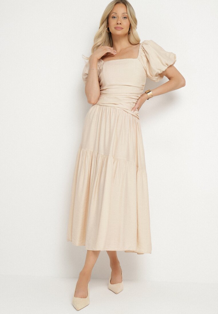 Rochie bej evazată din viscoză cu decolteu pătrat și drapaj Napessia