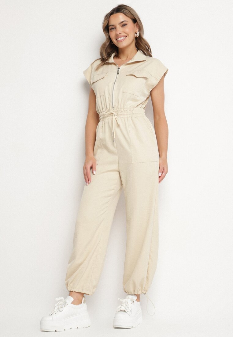 Salopetă Bej cu Mânecă Scurtă cu Guler și Închidere cu Fermoar Kareldi