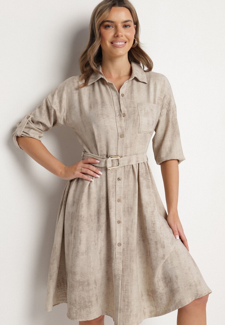 Rochie Bej tip cămașă cu curea cu cataramă Evelmio