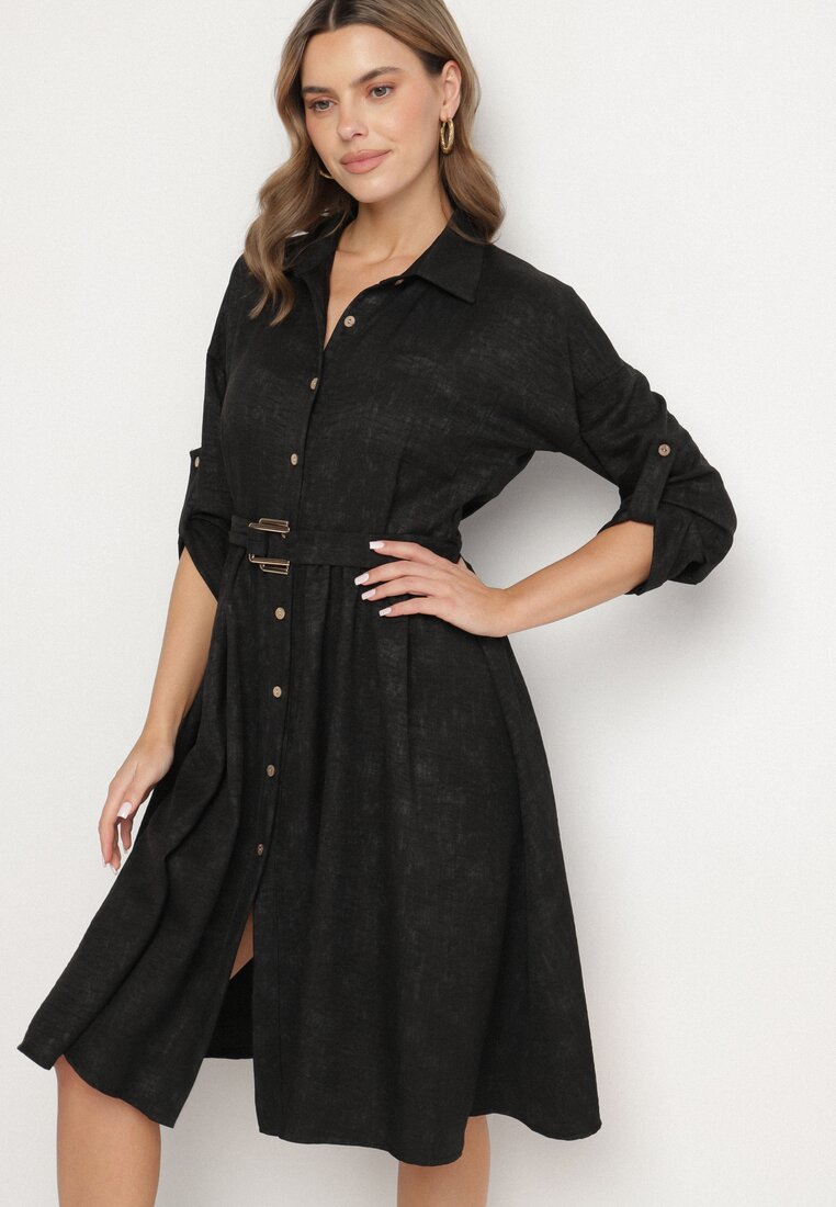 Rochie Neagră tip cămașă, cu curea cu cataramă Evelmio
