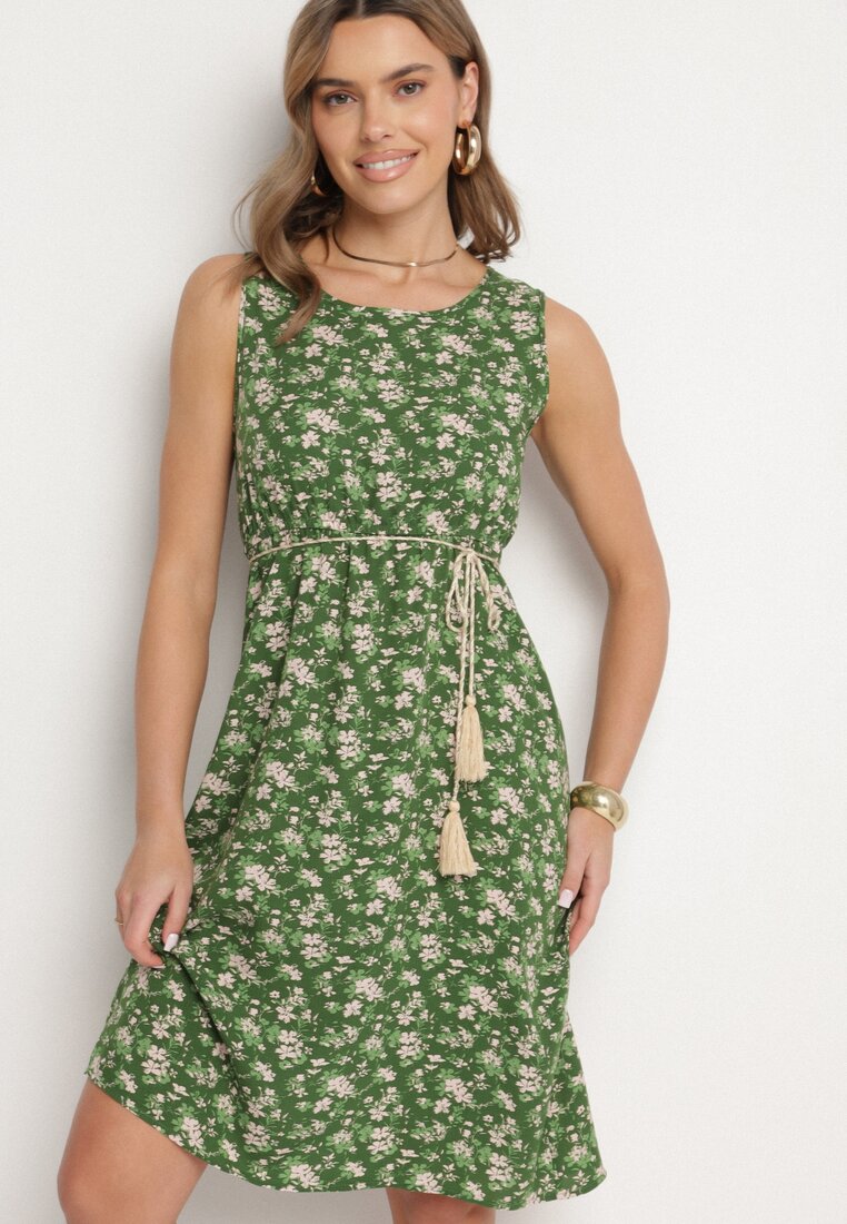 Rochie Verde cu Imprimeu Floral, Croială Cloș, cu Bretele Late Naivoriel