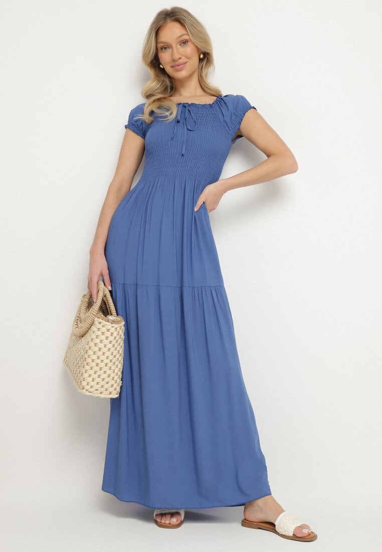 Rochie Albastră din Viscoză Spaniolă cu Top încrețit Jenanira