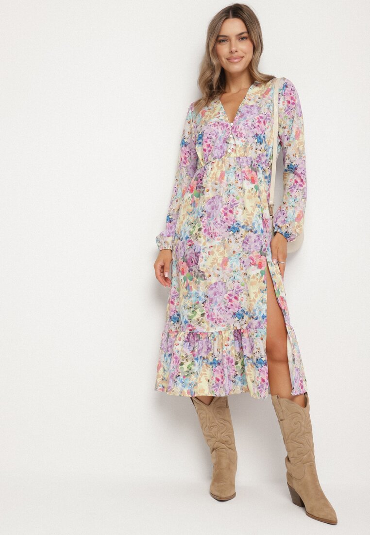 Rochie Evazată Galbenă cu Flori cu Decolteu în V și Elastic în Talie Janitra