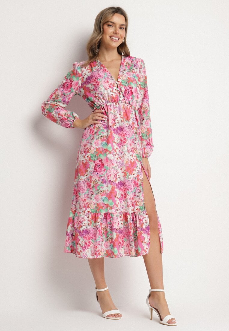 Rochie Evazată Roz cu Imprimeu Floral cu Decolteu în V și Elastic în Talie Janitra