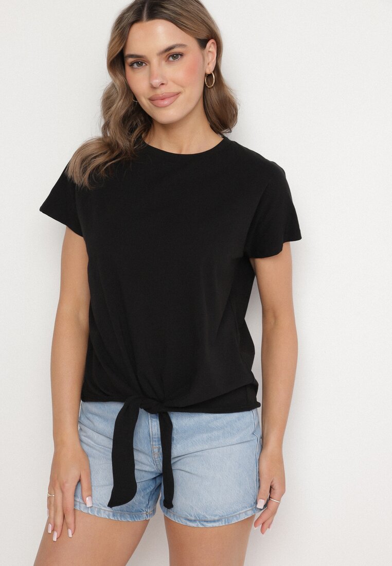 Tricou Negru din Bumbac cu Legătură Decorativă Sunitra