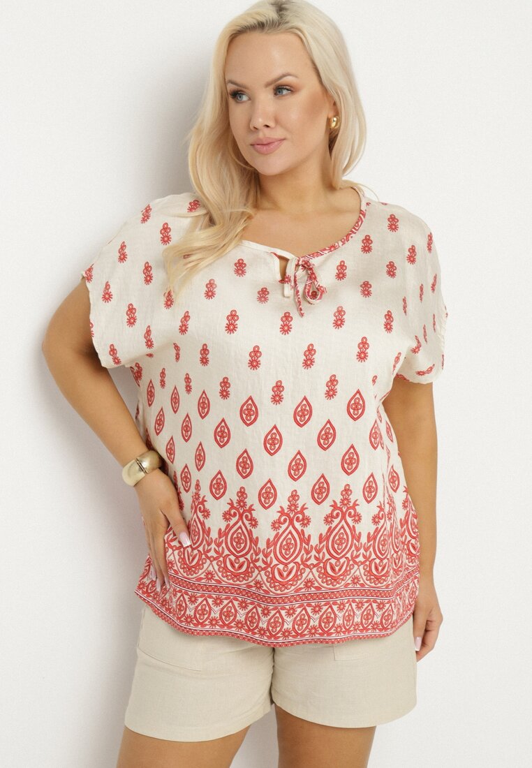 Bluză Alb-Roșie cu model Boho cu legătură la decolteu Jenalia