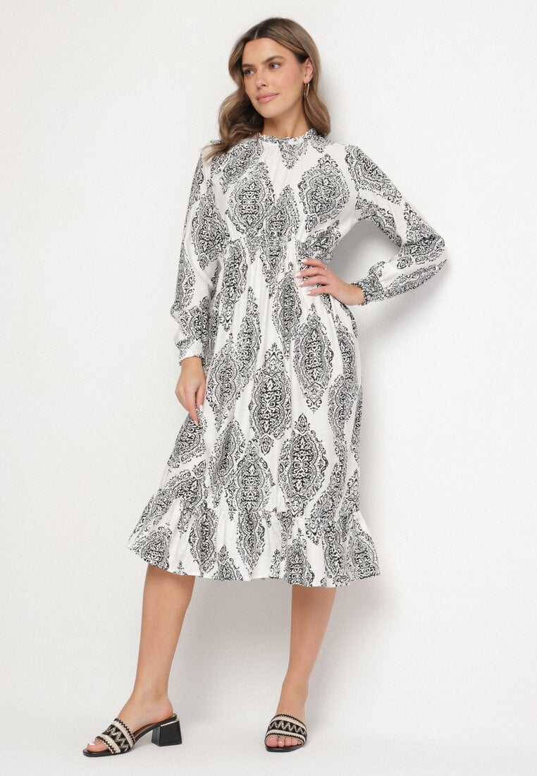 Rochie Albă cu croială evazată cu elastic în talie cu imprimeu etnic