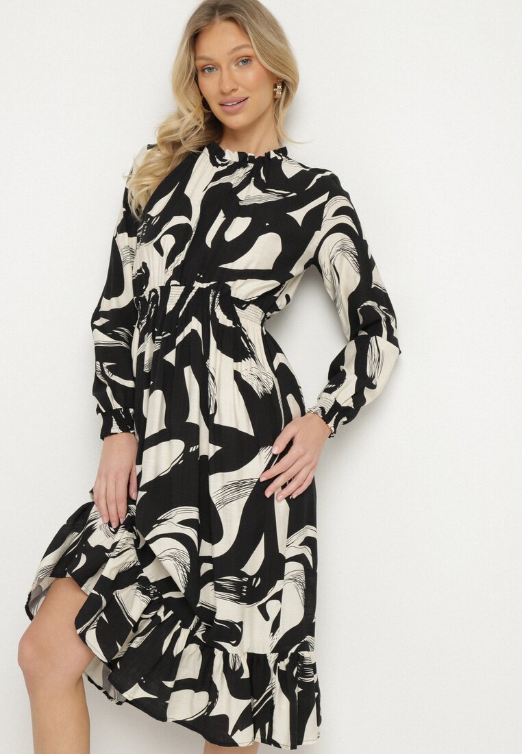 Rochie Cloș Neagră cu Bumbac cu Model Abstract Silsedi