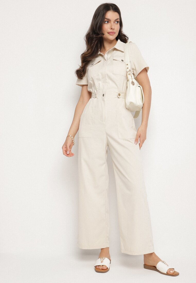 Salopetă Bej cu Mânecă Scurtă cu Guler și Picior Larg Jenanisela