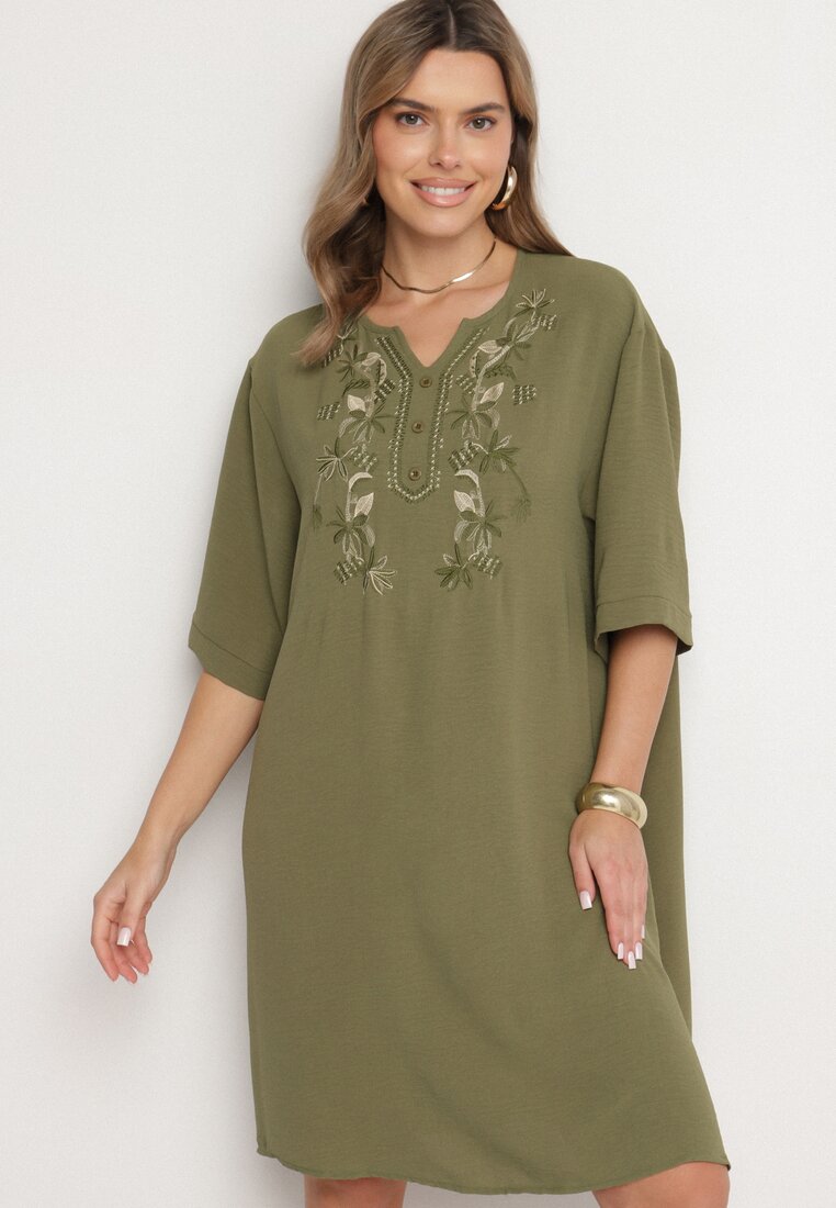 Rochie verde închis Dreaptă cu nasturi și broderii decorative Jenivanea