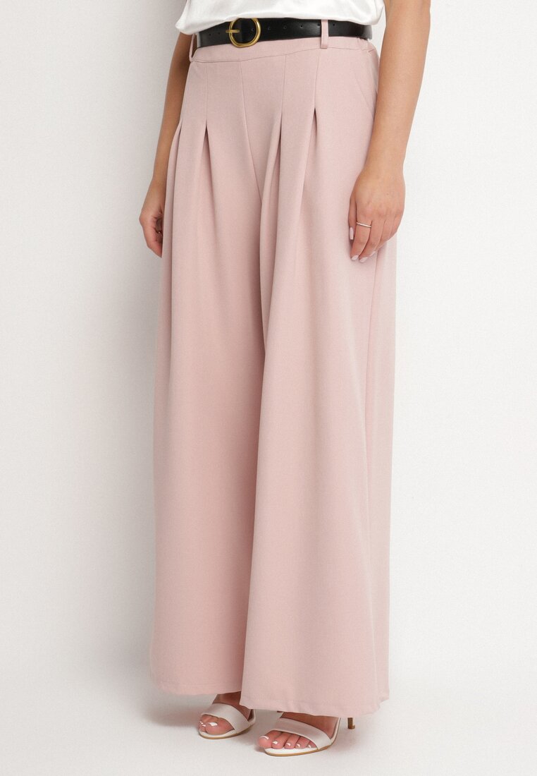 Pantaloni de costum roz din viscoză cu croială largă cu cordon Ravilis