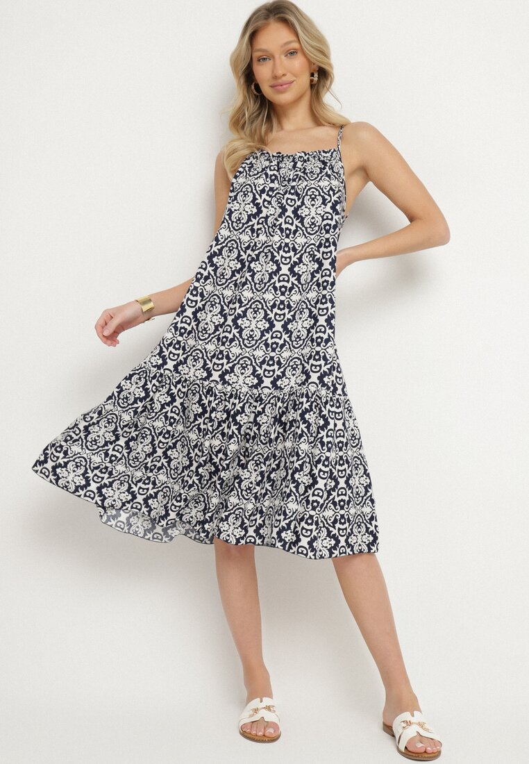 Rochie Bleumarin Cloș cu bretele din bumbac cu model ornamental Valpio