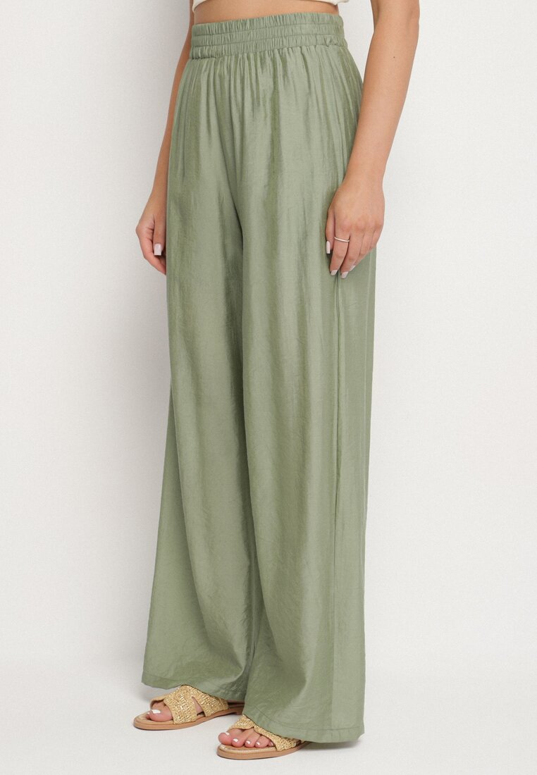 Pantaloni Verzi Palazzo cu Croială Largă cu Elastic în Talie și Talie Înaltă Jenanetia