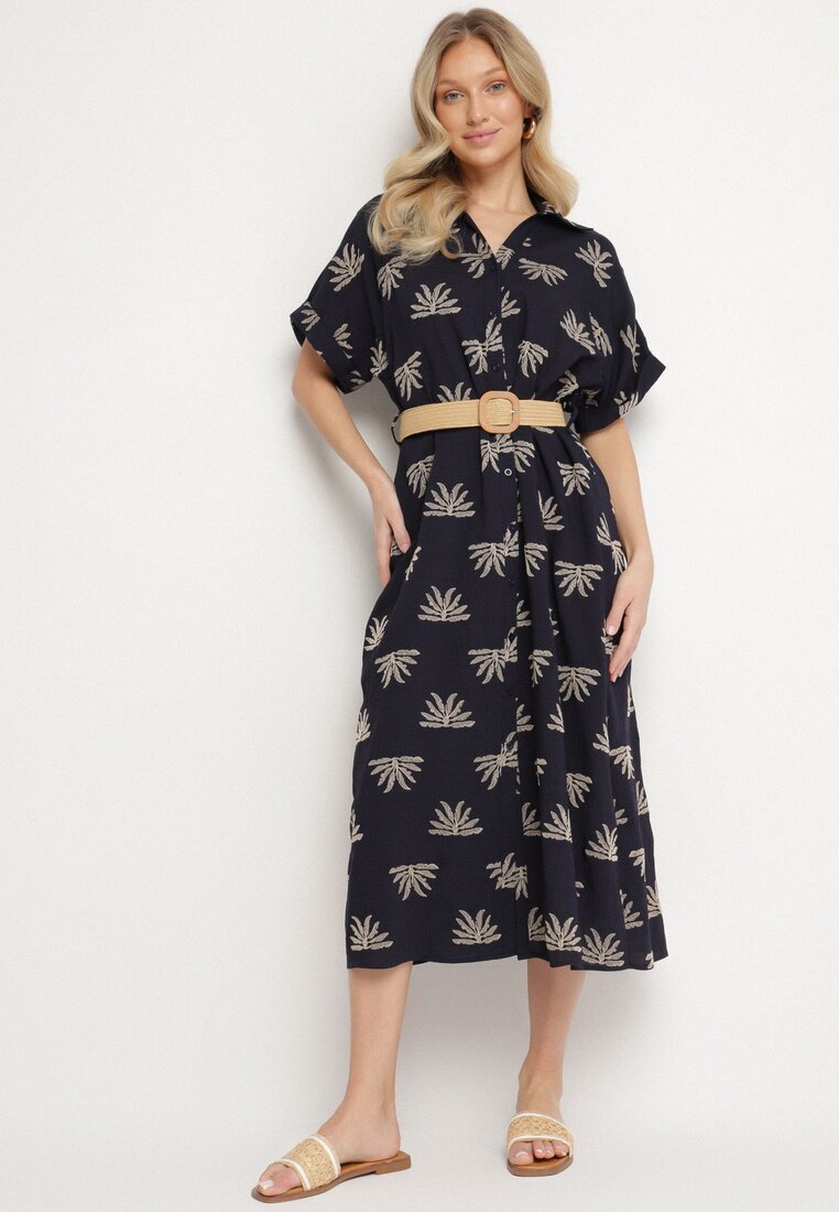 Rochie Cămășă Bleumarin din Viscoză Decorată cu Broderie cu Curea Elastică Liovira