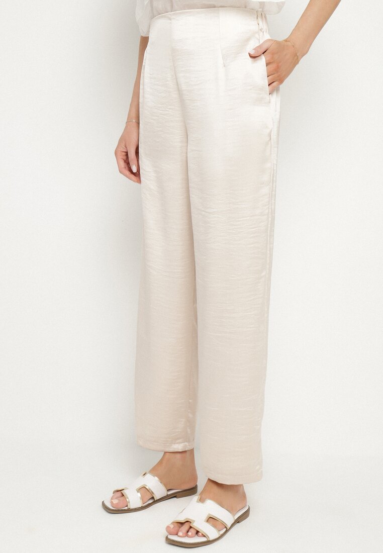 Pantaloni Bej deschis satinați în Stil Elegant cu Croială Largă Liovene