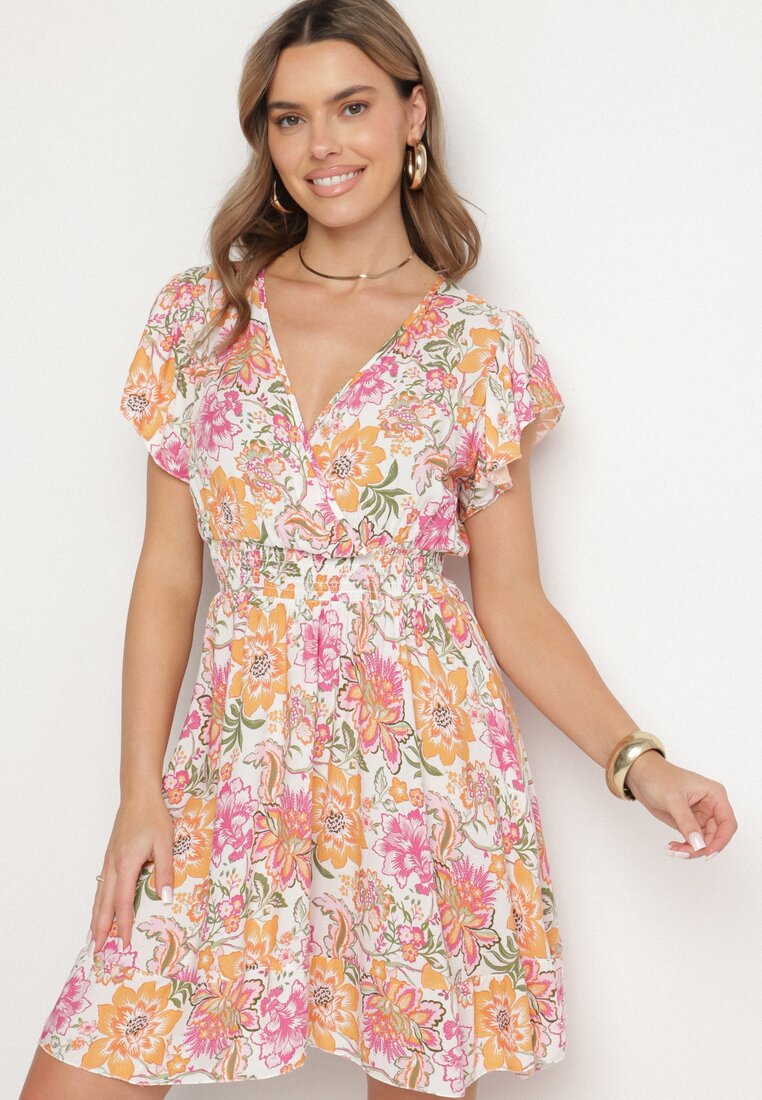 Rochie Portocalie de Bumbac cu Imprimeu Floral Decolteu Petrecut Cloș Jenovienna