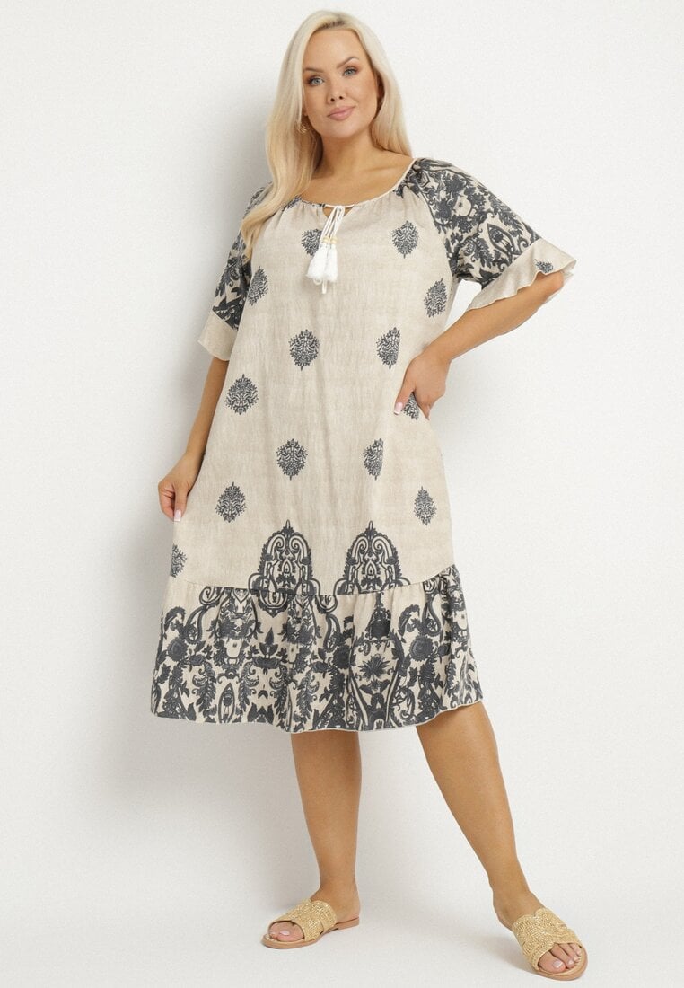 Rochie gri închis din vâscoză în stil boho cu franjuri și volane Korilia