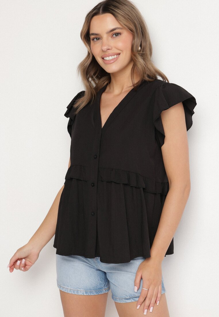 Cămașă Neagră din Viscoză cu Volane și Decolteu în V Alivienne