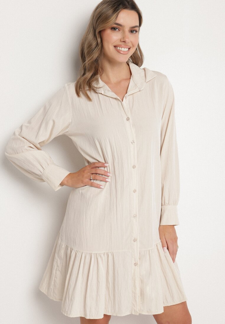 Rochie bej deschisă tip cămașă din vâscoză cu volan Penzedi