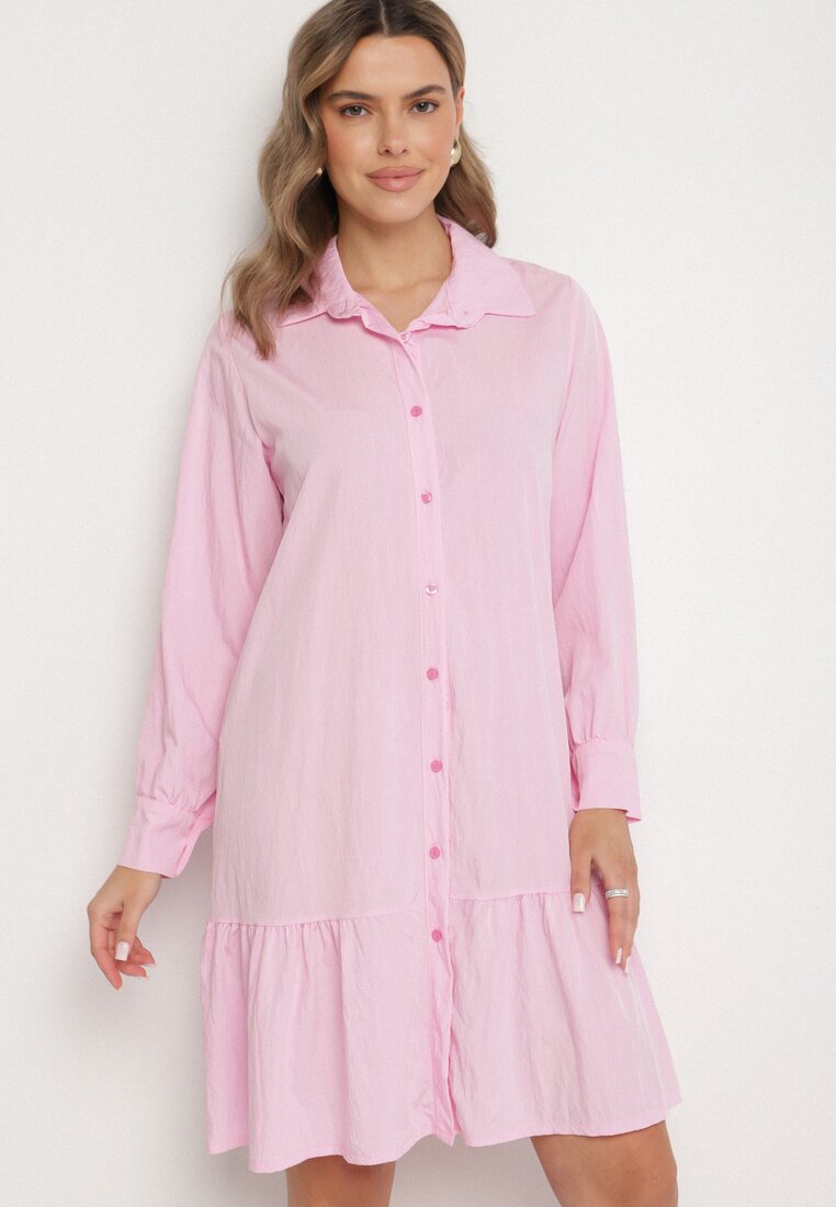 Rochie Roz din Viscoză cu Croi Tip Cămașă cu Volan Penzedi