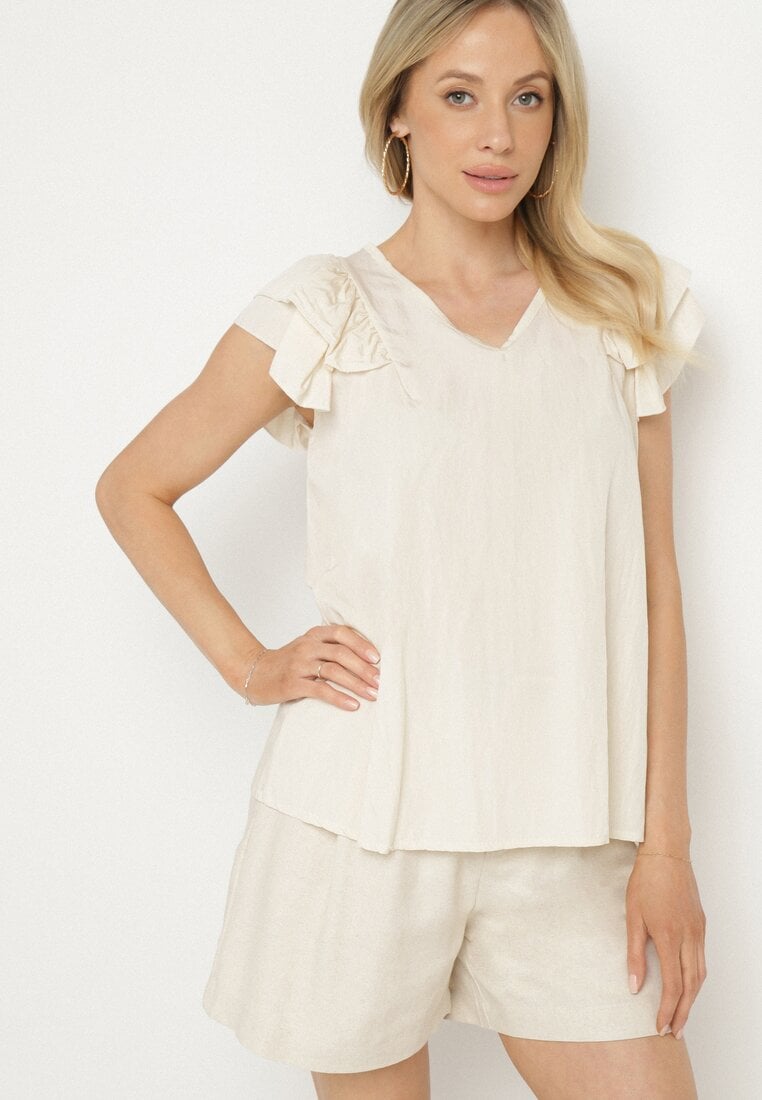 Bluză Bej deschis din Vâscoză Decorată cu Volane Divestra
