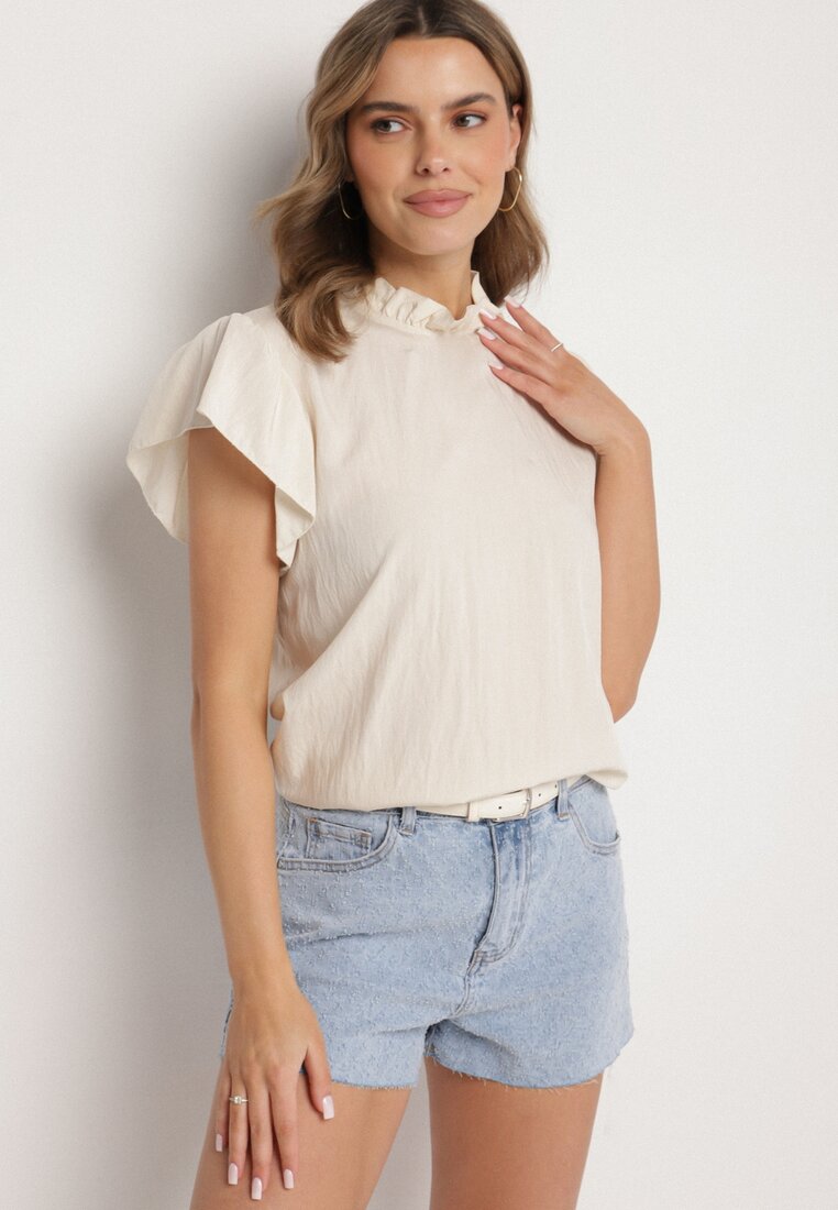 Bluză Bej Deschis din Viscoză Decorată cu volane Emoti