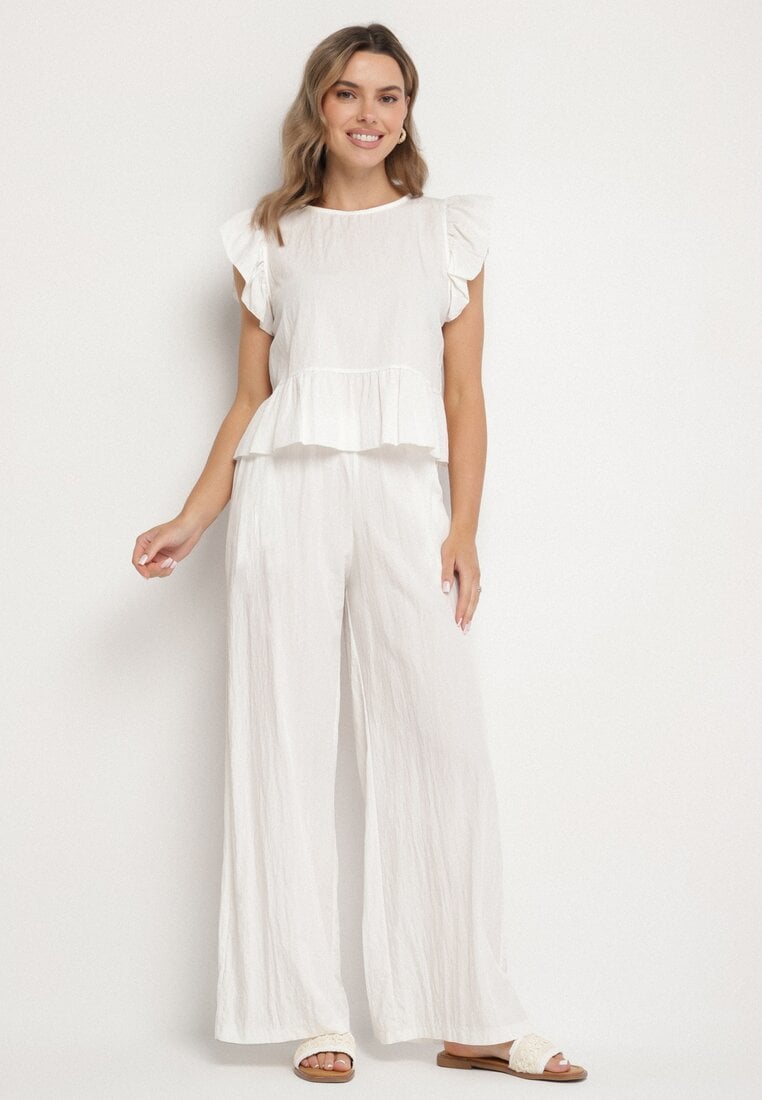Compleu Alb din Viscoză Pantaloni Largi și Bluză cu Volane Villimi