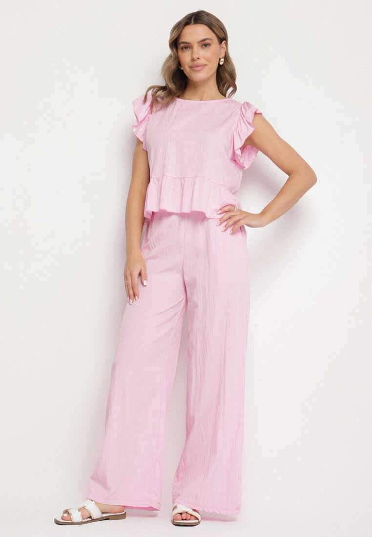 Set Roz din Viscoză, Pantaloni Largi și Bluză cu Volane Villimi