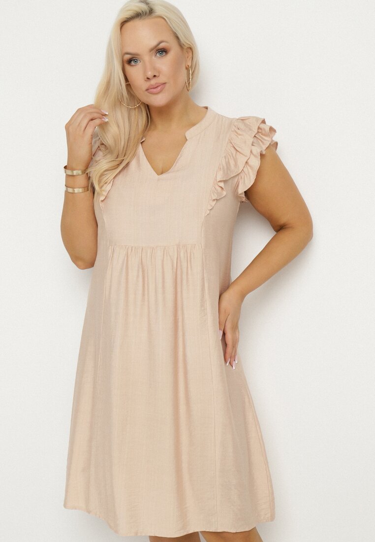 Rochie Bej Tip Box din Bumbac și Decolteu Triunghiular Decorată cu Volane Vikirva