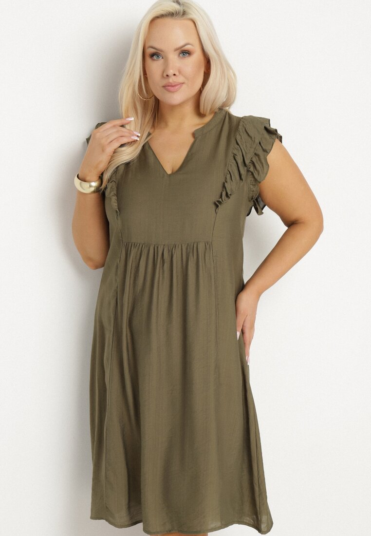 Rochie tip cutie Verde închis din bumbac și decolteu triunghiular împodobită cu volane Vikirva