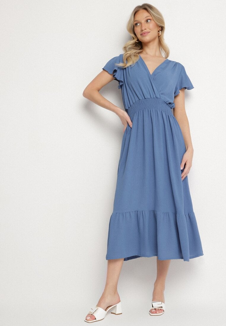 Rochie Albastră cu croi evazat cu decolteu petrecut și elastic în talie Reiliana