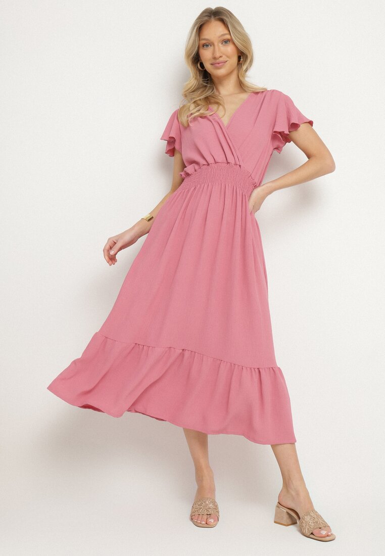 Rochie Roz cu croială evazată cu decolteu petrecut și elastic în talie Reiliana