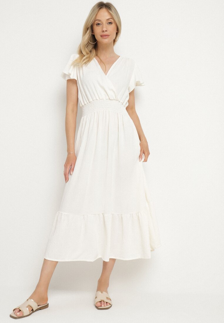 Rochie bej deschis cu croi evazat, decolteu petrecut și talie elastică Reiliana