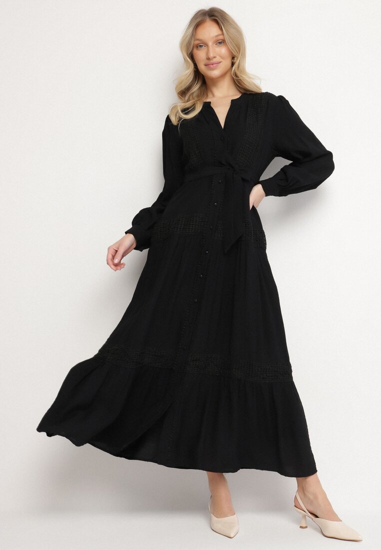 Rochie neagră cloș din viscoză cu cordon legat și dantelă Reivoria