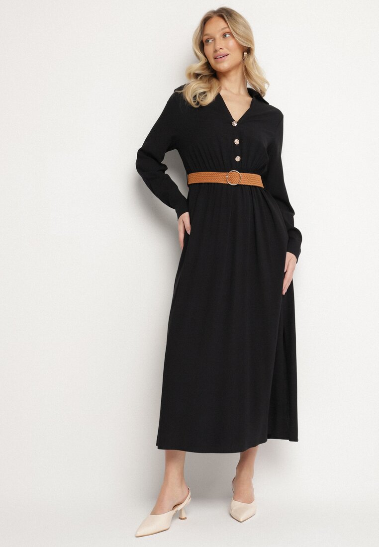 Rochie Neagră Evazată din Viscoză cu Centură Elastică și Șliț Reilivra