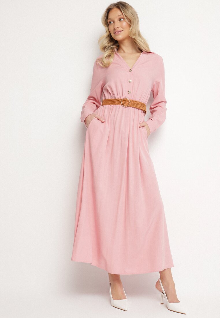 Rochie Evazată Roz din Viscoză cu Cordon Elastic și Crapatură Reilivra