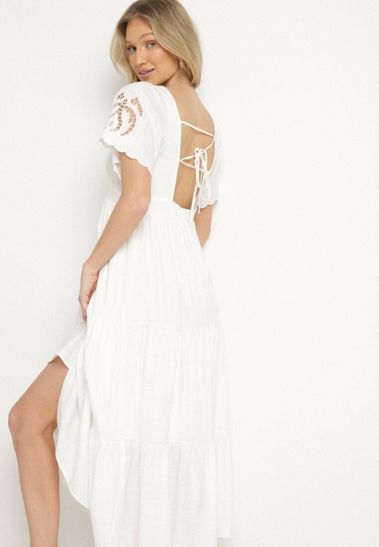 Rochie Albă de Viscoză cu In cu Croi Evazat cu Legătură la Spate Finzeri