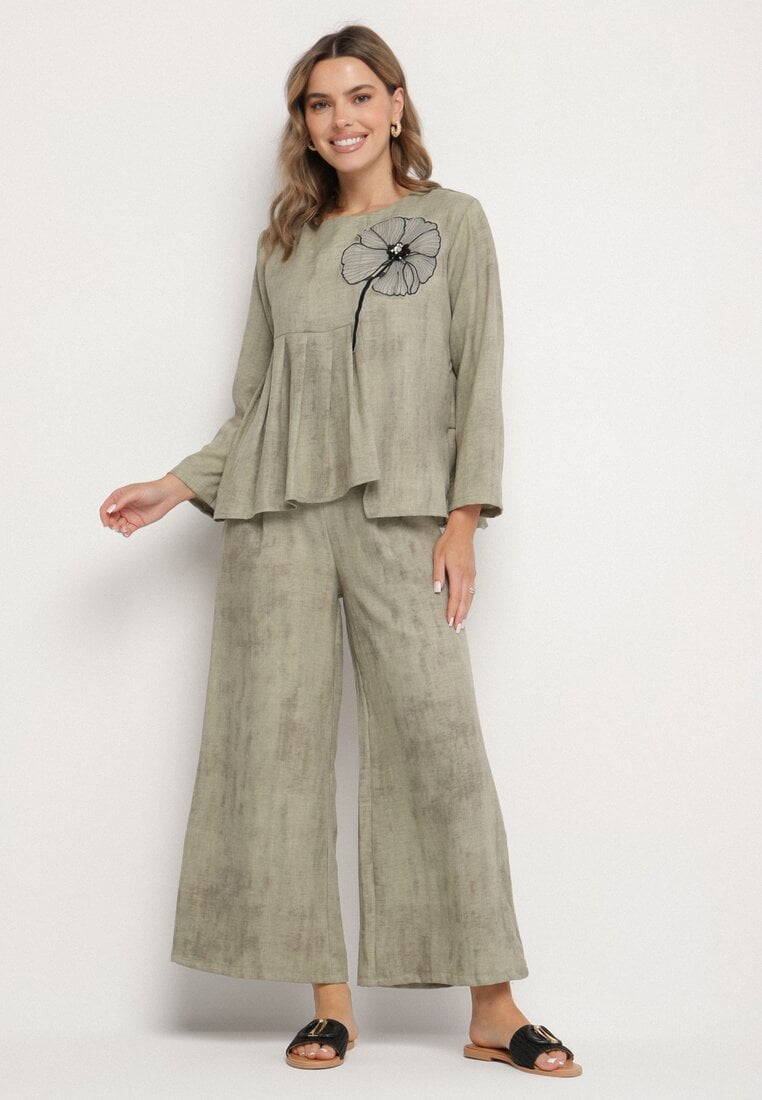 Set Verde deschis Bluză cu bază evazată și Aplicație floare și Pantaloni largi Ravirisa