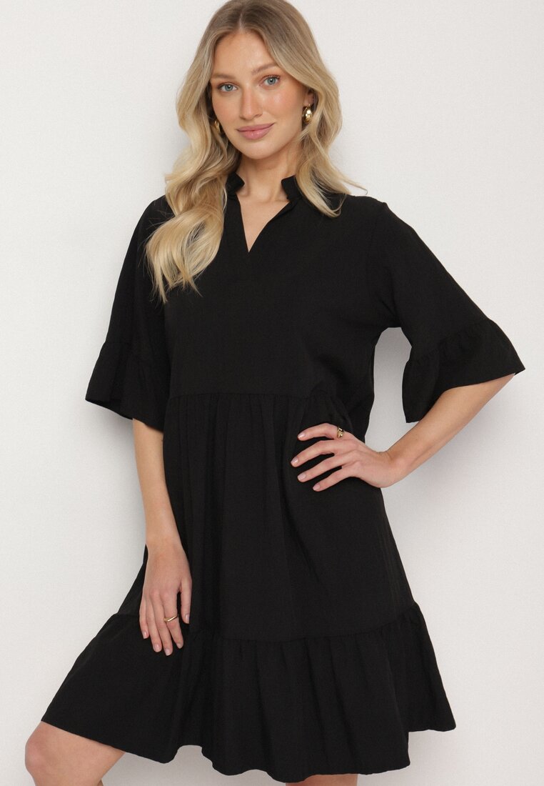 Sukienka Neagră Evazată cu Viscoză Decorată cu Volane Eviriane