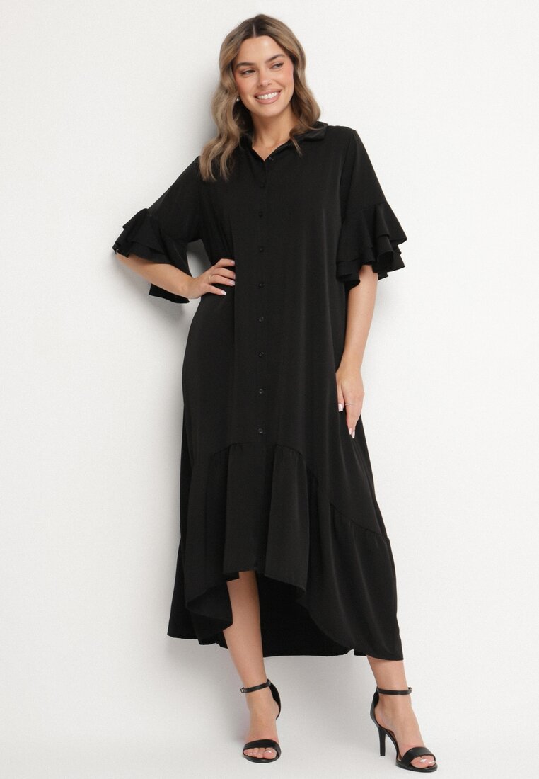 Rochie Cămașă Neagră cu Volan Decorativ Daviravie