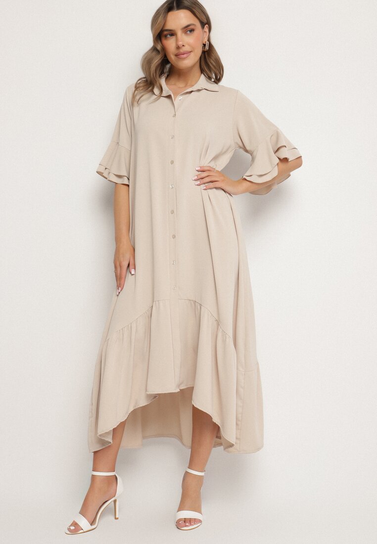 Rochie cămașă bej cu volan decorativ Daviravie