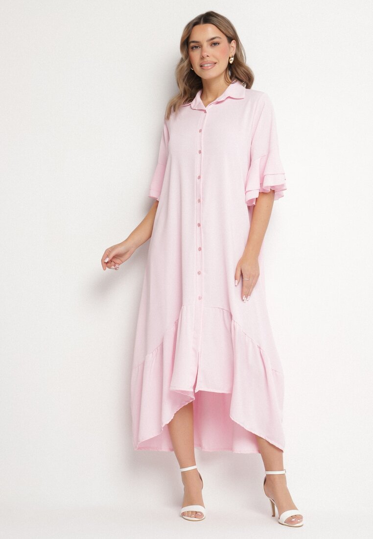 Rochie cămașă roz cu Volan Decorativ Daviravie