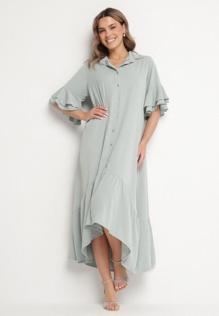 Rochie tip cămașă Verde deschis cu volan decorativ Daviravie