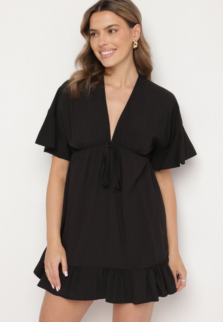 Rochie neagră stil liliac din viscoză cu croială evazată cu volan din tul