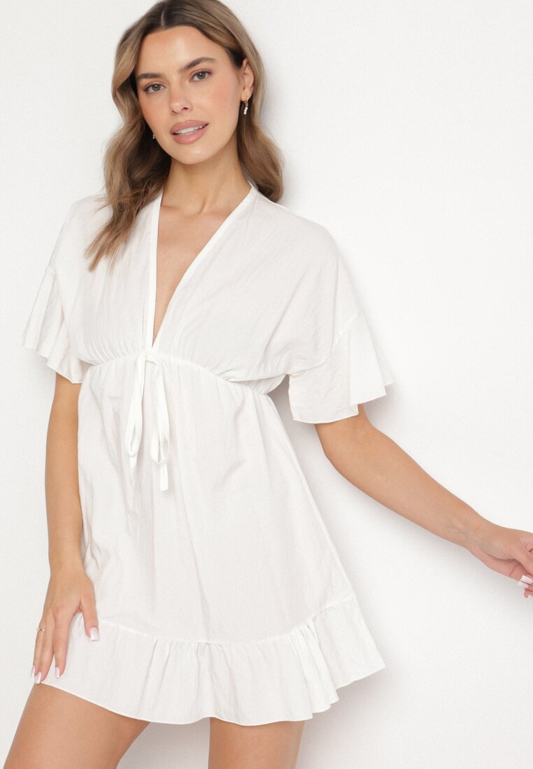 Rochie Albă tip liliac din Viscoză cu croi evazat cu volan din tul