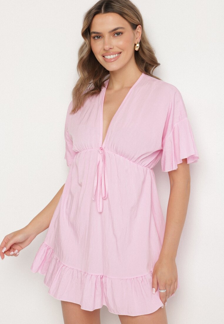 Rochie Roz stil liliac, din viscoză, cu croi cloș și volane din tul